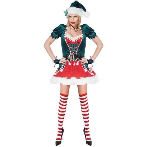 PDYLZWZY Damen-Weihnachtselfen-Kostüm, Frau Claus, Erwachsener, Weihnachtsmann-Helfer-Outfit, kurzärmeliges Kleid mit Gürtel, niedlicher Hut, gestreiftes Strumpf-Set für Cosplay (Army Green, M) von PDYLZWZY