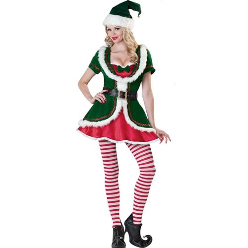 PDYLZWZY Damen-Weihnachtselfen-Kostüm, Frau Claus, Erwachsener, Weihnachtsmann-Helfer-Outfit, kurzärmeliges Kleid mit Gürtel, niedlicher Hut, gestreiftes Strumpf-Set für Cosplay (Green, M) von PDYLZWZY