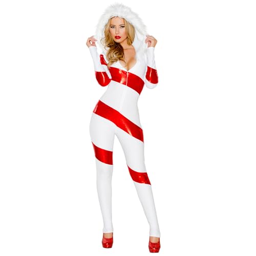 PDYLZWZY Damen-Weihnachtskostüm, Weihnachtsmann-Overall, Kontrastfarbe, lange Ärmel, Kapuze, Reißverschluss, Overall für Cosplay-Party-Outfits (White, M) von PDYLZWZY
