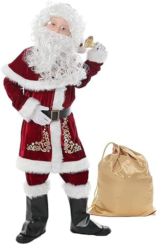 PDYLZWZY Deluxe Samt-Weihnachtsmann-Kostüm für Erwachsene, 7-teiliges Set, Weihnachtsmann-Anzug-Outfit für Männer in den Weihnachtsferien. Erwachsene Männer Weihnachtsmann-Kostüm (Kids red, L) von PDYLZWZY