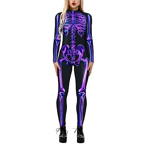 PDYLZWZY Halloween-Kostüm mit 3D-Druck für Damen, langärmelig, figurbetont, Jumpsuits, Horror-Schädel-SkelettCostume Party Role Play Outfits (Deep Purple Skeleton, S) von PDYLZWZY