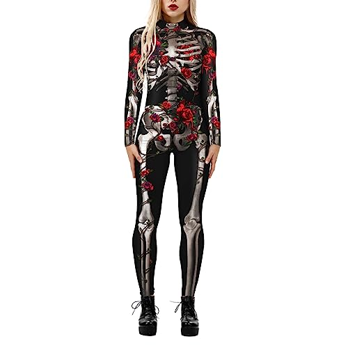 PDYLZWZY Halloween-Kostüm mit 3D-Druck für Damen, langärmelig, figurbetont, Jumpsuits, Horror-Schädel-SkelettCostume Party Role Play Outfits (Rose Skeleton, M) von PDYLZWZY