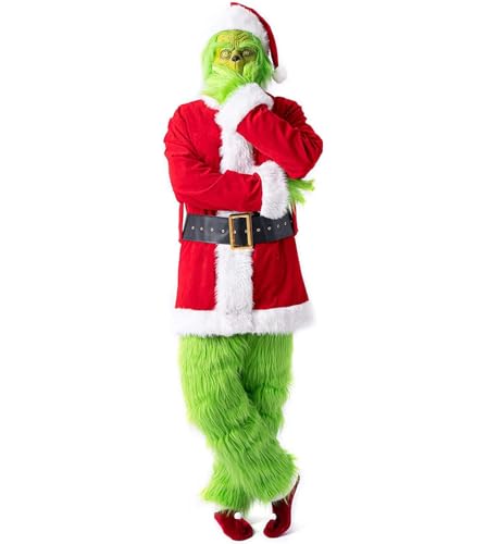 PDYLZWZY Herren Cosplay Kostüm Weihnachten Grinch Outfit Party Anzug Grüne Monster Maske Cosplay Kostüm Erwachsene Weihnachtsmann Anzug Set Weihnachtsmann Outfit (Grinch, XL) von PDYLZWZY