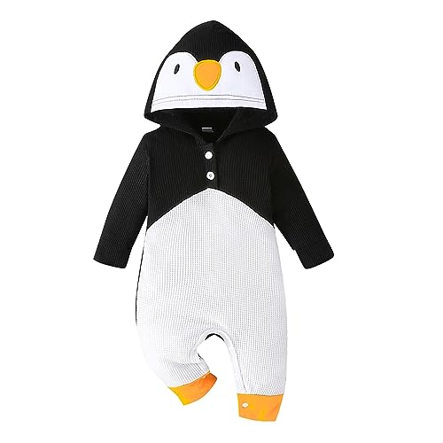 PDYLZWZY Kleinkind Baby Halloween Pinguin Kostüme Pinguin Form Knöpfe Hoodies Strampler Langarm Overalls Cosplay Outfits (Black, 3-6 Months) von PDYLZWZY