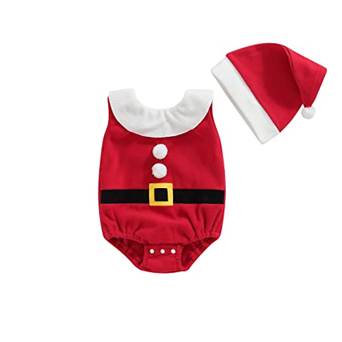 PDYLZWZY Kleinkind-Baby-Santa-Kostüm, ärmelloser Strampler mit Rüschenkragen, Bommel vorne und Weihnachtsmütze, Weihnachts-Outfits, Samt-Strampler für Kleinkinder (Red, 12-18 Months) von PDYLZWZY