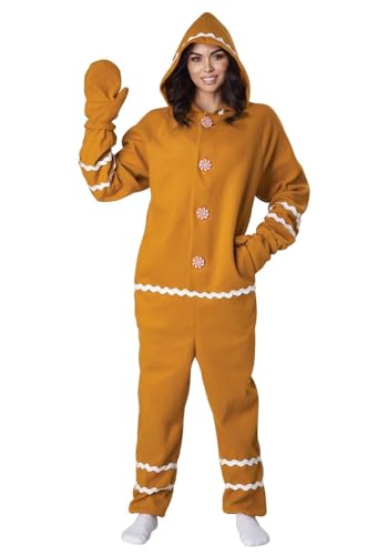 PDYLZWZY Lebkuchenmann-Kostüm für Erwachsene, Langarm-Patchwork-Weihnachtsoverall mit Kapuze, Weihnachts-Lebkuchenkostüm für Männer und Frauen (Yellow Women, L) von PDYLZWZY