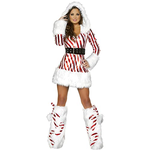 PDYLZWZY Mrs. Claus-Kostüm für Damen, 3-teilig, für Erwachsene, Miss Clause, Weihnachtsmann-Kleid, Übergröße, Weihnachtsoutfit, Gürtel + Beinstulpen, Weihnachtskostüm (Red, L) von PDYLZWZY