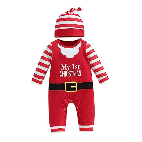 PDYLZWZY My First Christmas Overall-Strampler für Babys, Mädchen, Jungen, Weihnachtsmann-Kostüm, langärmelig, Weihnachts-Strampler, gestreift, mit Hut (Red, 0-3 Months) von PDYLZWZY