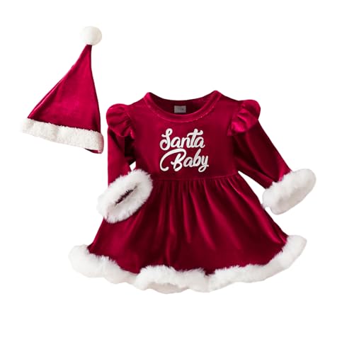 PDYLZWZY Neugeborenes Baby Mädchen Weihnachtsspielanzug Kleid Weihnachtsmann Kostüm Outfit Langarm Samt Weihnachtsmann Kleid Strampler + Mütze Säuglingsweihnachtskleidung (Red, 6-12 Months) von PDYLZWZY