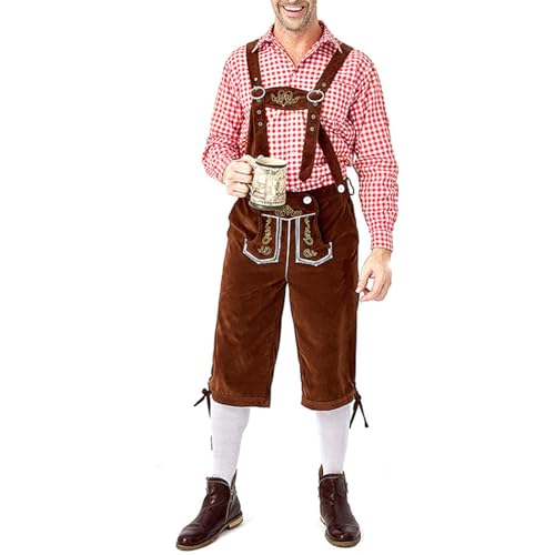 PDYLZWZY Oktoberfest-Kostüm für Herren, klassisches Lederhosen-Kostüm, Cosplay-Outfits für Bierfest, Herren-Oktoberfest, deutsche bayerische Trachten, Lederhosen, Bundhosen-Kostüm (Red, L) von PDYLZWZY