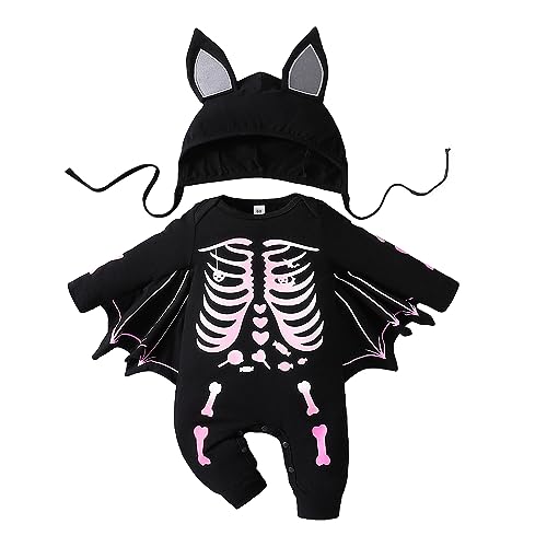 PDYLZWZY Skelett-Halloween-Kostüm für Neugeborene, Jungen, Totenkopf-Strampler, lange Ärmel, Fledermaus-Kostüm, meine ersten Halloween-Outfits (Black, 0-3 Months) von PDYLZWZY