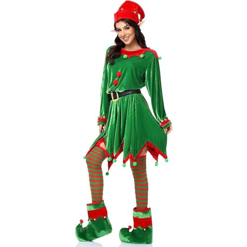 PDYLZWZY Weihnachtselfen-Kostüm für Damen, Elfenkleid, Hut, Stiefelgürtel, Zubehör, Weihnachtsmann-Helfer-Kostüm, ausgefallenes Weihnachtsoutfit für Party (Green, 170cm) von PDYLZWZY