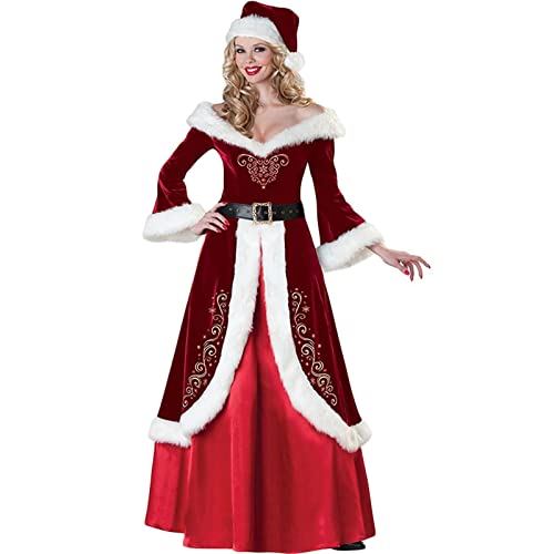 PDYLZWZY Weihnachtsmann-Kostüm, 7 Stück, Weihnachtsmann-Anzug, für Erwachsene, für Männer und Frauen, Mrs. Claus, Plüsch-Samtkleid, Kostüm für Weihnachten, Party, Cosplay (Red Woman, M) von PDYLZWZY