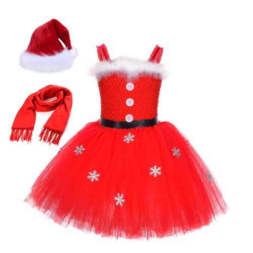 PDYLZWZY Weihnachtsoutfit für Kinder und Mädchen, Patchwork-Slipkleid aus Schneetüll mit Mütze, Schal, Weihnachtsmannkleid, Weihnachtsoutfit für Babys und Mädchen (Red, 5-6 Years) von PDYLZWZY
