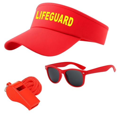Lifeguard Kostüm, 3 Stück Baywatch Kostüm Set Mit Hut, Sonnenbrille Und Pfeife, Lustige Kostüme Für Erwachsene, Perfekt Für Halloween, Poolparty Und Cosplay, Rot von PDirat