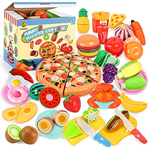 PEAINBOX Küchenspielzeug für Kinder, Lebensmittel kinderküche, Schneiden Obst und gemüse Spielzeug Pizza mit Klett-Verbindung, Plastik Spielzeug Geschenk für Kinder ab 3+ Jahren von PEAINBOX