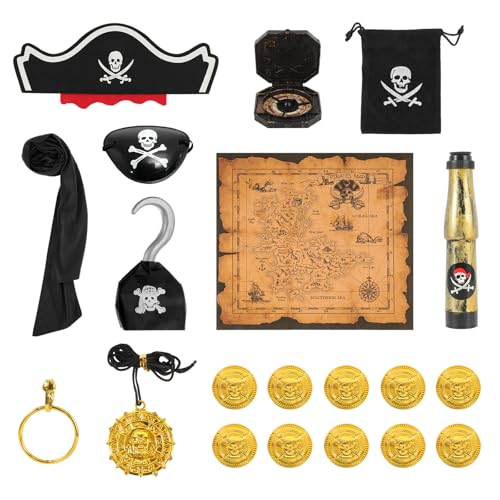 20PCS Piratenkostüm Kinder Set, Jungen Mädchen Piratenkostüm Zubehör, Piraten Accessoire Set Mit Piratenhut Goldmünzen Augenmaske Piratenkompass Schatzkarte Totenkopf Halskette Für Halloween Karneval 20PCS Piratenkostüm Kinder Set, Jungen Mädchen Piratenkostüm Zubehör, Piraten Accessoire Set Mit Piratenhut Goldmünzen Augenmaske Piratenkompass Schatzkarte Totenkopf Halskette Für Halloween Karneval von PEAKTOP