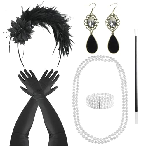 6-teiliges 1920er-Zubehör-Set, Great Gatsby Accessoires für Damen, 1920er-Jahre-Stil, Zubehör mit Ohrringen, Halskette, Handschuhen, Feder-Stirnband, Armband für Halloween, Karneval, Cosplay 6-teiliges 1920er-Zubehör-Set, Great Gatsby Accessoires für Damen, 1920er-Jahre-Stil, Zubehör mit Ohrringen, Halskette, Handschuhen, Feder-Stirnband, Armband für Halloween, Karneval, Cosplay von PEAKTOP