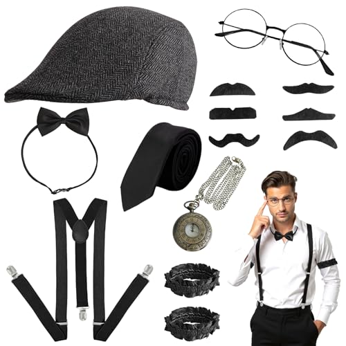 PEAKTOP 14PCS 20er Jahre Accessoires Herren, 1920er Accessoires Herren, Great Gatsby Accessoires Men Für Retro-partys Cosplay-partys Rollenspiele (Hut Fliege Taschenuhr Hosenträger Brille Bart) von PEAKTOP