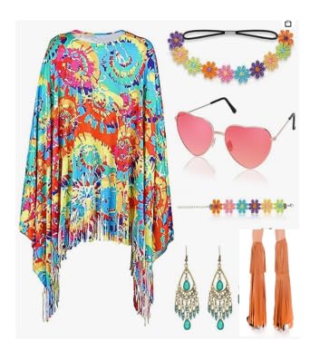 PEAKTOP 7 Stück Hippie Kostüm Damen Set, Faschingskostüme Hippie Accessoires, 70er Jahre Outfit Zubehör Mit Cape Stiefelüberzug Brille Ohrringe Halskette Stirnband Kette Für Karneval Hippie Party PEAKTOP 7 Stück Hippie Kostüm Damen Set, Faschingskostüme Hippie Accessoires, 70er Jahre Outfit Zubehör Mit Cape Stiefelüberzug Brille Ohrringe Halskette Stirnband Kette Für Karneval Hippie Party von PEAKTOP