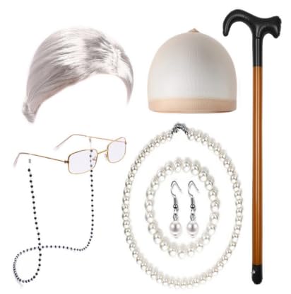 PEAKTOP 7-teiliges Kostüm für alte Dame, Kostüm für alte Dame, Oma-Kostüm, Zubehör mit Perücke, Haarnetzen, Brillen, Halskette, Ohrringen, Armband für Halloween, Karneval, Cosplay, Maskerade PEAKTOP 7-teiliges Kostüm für alte Dame, Kostüm für alte Dame, Oma-Kostüm, Zubehör mit Perücke, Haarnetzen, Brillen, Halskette, Ohrringen, Armband für Halloween, Karneval, Cosplay, Maskerade von PEAKTOP