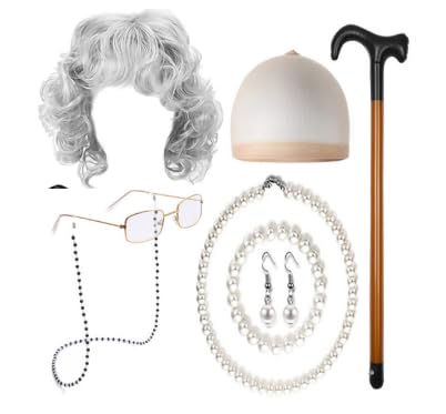 PEAKTOP 7PCS Old Lady KostüM GroßMutter, Oma KostüM Set, Oma KostüM Alte Frau Mit PerüCke Brille Ohrringe Halskette Armband KrüCke Für Halloween BüHnenauftritt Karneval Cosplay PEAKTOP 7PCS Old Lady KostüM GroßMutter, Oma KostüM Set, Oma KostüM Alte Frau Mit PerüCke Brille Ohrringe Halskette Armband KrüCke Für Halloween BüHnenauftritt Karneval Cosplay von PEAKTOP