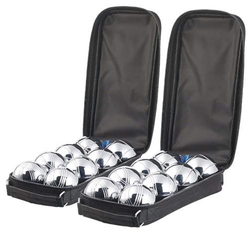 PEARL Bocciaspiele: 2er-Set Boule- & Boccia-Spiele: 16 Metall-, 2 Holz-Kugel, Tasche (Boulekugeln, Bouleset, Geburtstag) von PEARL