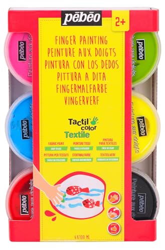 Pébéo Textilfingermalfarbe Tactilcolor - 6 Gläser 100 ml Perlmutt Farben + Anleitung - gelb/rot/blau/hellgrün/schwarz/weiß, Mehrfarbig, 100 ml (6er Pack) von PEBEO