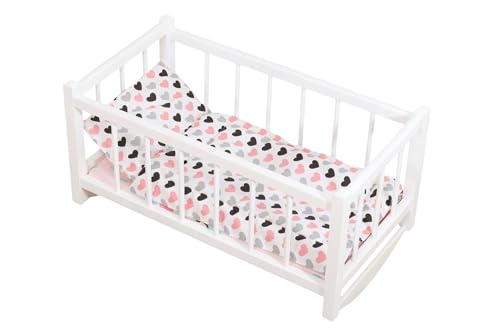 PEEWIT Wiege Holzbett Weiß für Puppen mit Matratze und Bettwäsche in Kleinen Herzen mit Kissen und Bettdecke PEEWIT Wiege Holzbett Weiß für Puppen mit Matratze und Bettwäsche in Kleinen Herzen mit Kissen und Bettdecke von PEEWIT