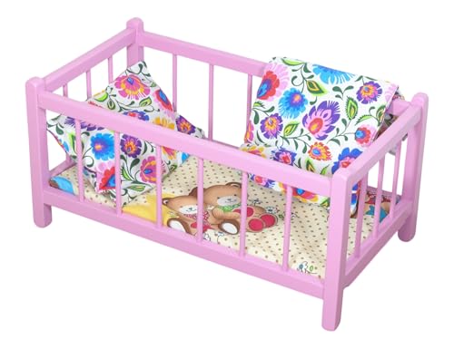 Puppenbett Holz ROSA mit Matratze und Bettwäsche im Jagdmuster von PEEWIT
