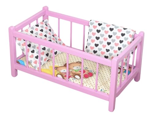 Puppenbett aus Holz | 49,5cm x27cm | ROSA mit Matratze und kleinen Herzen Bettwäsche von PEEWIT