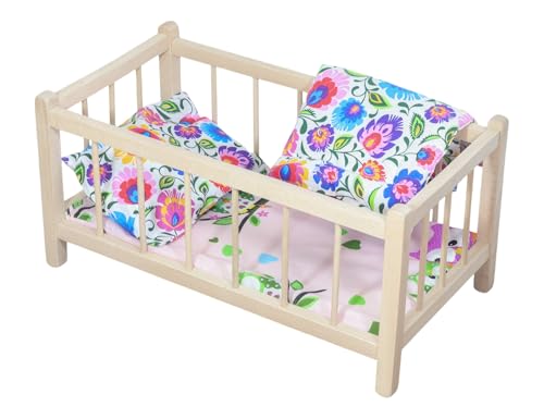 Puppenbett aus Holz NATUR mit Matratze und Bettwäsche im Jagdmuster von PEEWIT