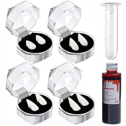 4 Paar Halloween Vampir Zähne,Vampire Cosplay Fangs,Vampir Zähne Kostüm,mit 1 Tube Zähne Pellets Klebstoff und Halloween Kunstblut 30ml,für Verschiedene Halloween Cosplay Party von PEFOLOC