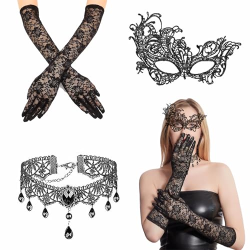 PEFOLOC 3 Stück Halloween Steampunk Damen Zubehör,Spitze Kette Vintage Choker,Gothic Netzhandschuhe,Lace Maske,Halloween Gothic Zubehör,Damen für Halloween Fasching Karneval Maskerade von PEFOLOC