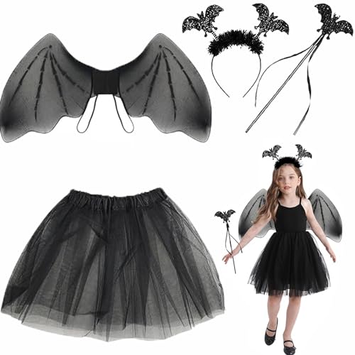 PEFOLOC Fledermaus Kostüm Set für Kinder Mädchen - 4-teilig Mit Flügel, Rock, Stock und Stirnband - Halloween Karneval Cosplay von PEFOLOC
