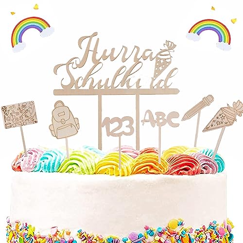 Schulkind Holz Tortendeko,7 Stück Cake Topper Hurra Schulkind,Schulanfang Tortendeko, ABC Zuckertüte 123 Kuchen Deko Personalisiert für Schulkind Schulanfang Party Dekoration von PEFOLOC