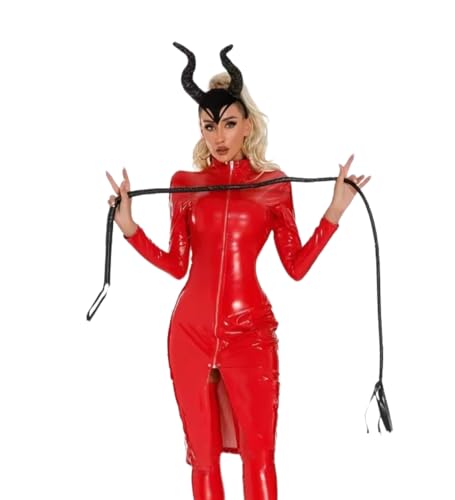 Damen-Kleid im Wet-Look, PVC, Leder, Reißverschluss, langärmelig, figurbetont, Rollenspiel-Kostüme, Rotes Kleid + Haarreifen + Peitsche, XL Damen-Kleid im Wet-Look, PVC, Leder, Reißverschluss, langärmelig, figurbetont, Rollenspiel-Kostüme, Rotes Kleid + Haarreifen + Peitsche, XL von PEIXUEZZHENG