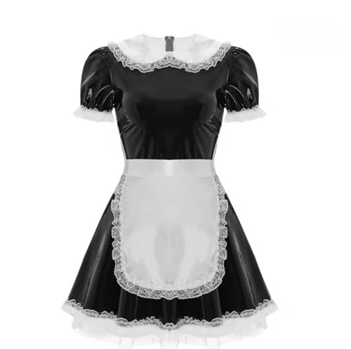 PEIXUEZZHENG Damen-Kleid aus Lackleder, Dienstmädchenkleid mit Schürze, Cosplay-Kostüm, Puffkleider, Pink, S PEIXUEZZHENG Damen-Kleid aus Lackleder, Dienstmädchenkleid mit Schürze, Cosplay-Kostüm, Puffkleider, Pink, S von PEIXUEZZHENG