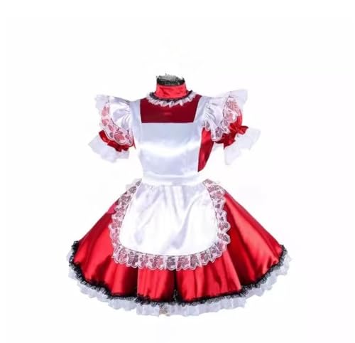 PEIXUEZZHENG Sissy Girl rotes Satinkleid, abschließbares Kleid, französisches Dienstmädchen, Cosplay-Kostüm, maßgeschneidert, Rot, Größe M PEIXUEZZHENG Sissy Girl rotes Satinkleid, abschließbares Kleid, französisches Dienstmädchen, Cosplay-Kostüm, maßgeschneidert, Rot, Größe M von PEIXUEZZHENG