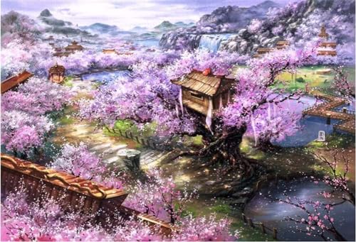 1000 Teile Holzpuzzles Schöne Bunte Sakura-Villa-Landschaft Erwachsene Spiele Ölgemälde Bodenpuzzles von PEKNUX
