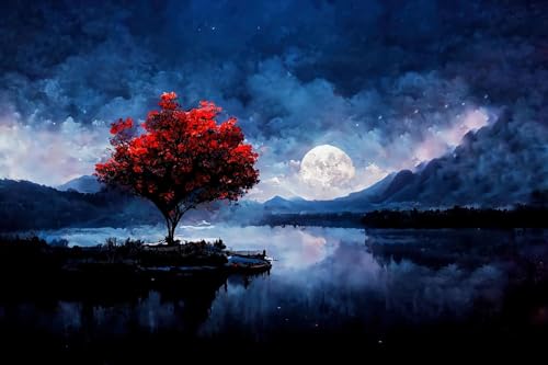 1000 Teile Puzzle Für Erwachsene Der Rote Baum Im See Unter Dem Mondbeschienenen Himmel von PEKNUX
