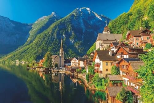 1000 Teile Stained Art European Austria Hallstatt Lakeside Village Scenic DIY Wooden Jigsaw Puzzles for Home Photo Wall Decoration von PEKNUX