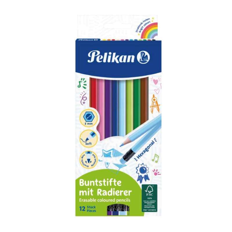 PELIKAN Buntstifte Sets, Sets 12er Set, Stiftform sechskant dünn, Pelikan Modell mit Radiergummi von PELIKAN
