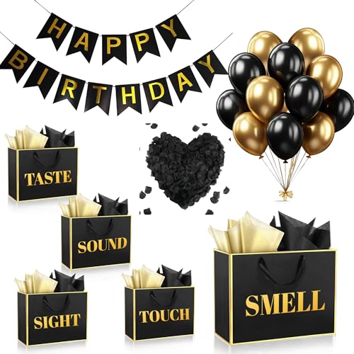 PEMOTYST 5 Sinne Geschenk Geburtstag Dekorationen Fünf Sinne Geschenktüten Party Dekoration mit Happy Birthday Banner Seidenpapier Rosenblätter Luftballons für Party (Schwarz Gold) von PEMOTYST