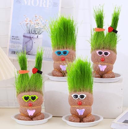 2 Stück Graskopf Kinder Graskopf Puppenpflanze, Graskopf Wachsende Grasköpfe Pflanze für Kinder, Mini Bonsai Gras Kopf Figurm Blumenkopf Graskopf Bonsai Mit Tablett Topfpflanzen für Schlafzimme von PENCHUAN