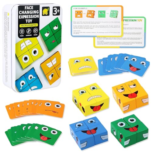 Holzwürfel Puzzle,Face Changing Magic Cube,3D Puzzle Face-Changing Magic Cube,Emoji Blocks Spiel Würfelpuzzle Würfel,Gesichter Bauen Zauberwürfel Baustein Spielzeug Montessori für Kinder von PENCHUAN