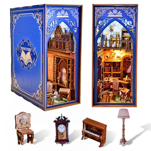 Book Nook Kit, Booknook Bibliothek Buchhandlungen für Erwachsene und Teens, 223PCS DIY Miniature House mit Licht, 3D Puzzle Buchstützen aus Holz Erwachsene, 3D Holzpuzzle Bücherregal Dekor (Blau) von PENGBU RC