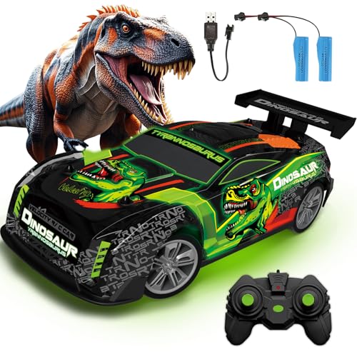 Ferngesteuertes Auto ab 3 4 5 6 Jahre, Dinosaurier Spielzeug mit Licht und Musik, 15KM/H 1/16 Ferngesteuerter Dinosaurier mit 2Akku 1 Stunde Spielzeit, 2.4GHz Fernsteuerung Auto Drift Car für Kinder von PENGBU RC