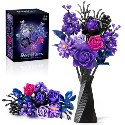 Lila Rosen Blumenstrauß Klemmbausteine Blumen, Blumen Bauspielzeugset für Erwachsene, 12 Blumenstrauss Bausteine 822 Stück, Botanicals Home Deko, Geburtstag Geschenk für Frauen Männer Jungen Mädchen von PENGBU RC