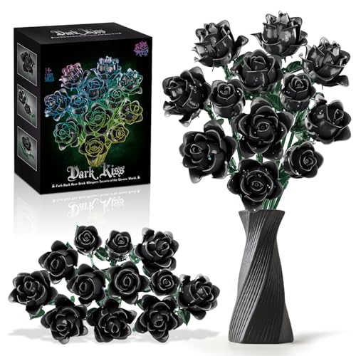 Klemmbausteine Blumen, Schwarzer Rosen Blumenstrauß Bausatz, 12 Kunstblumen als Zimmer-Deko, Rosenstrauß Geschenk für Partner, Freundin oder Freund, Künstliche Rose Blume Flowers Set für Erwachsene von PENGBU RC